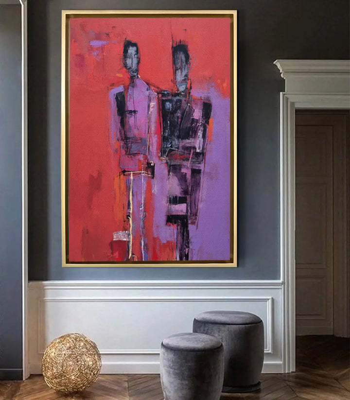 Cuadro Between Us en decoración de salón moderno, lienzo expresionista tonos malva y rojo Massinart