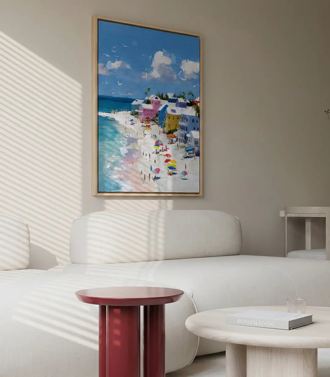 Detalle del lienzo Pastel Shore, composición de arquitectura costera con paleta de azules y blanco nacarado — Massinart