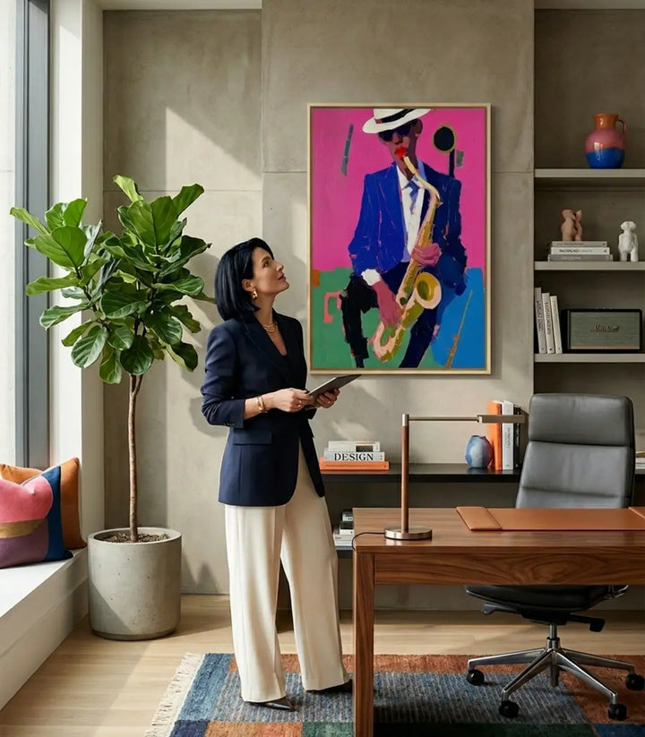 Cuadro Magenta Tempo Massinart — retrato pop-art de saxofonista sobre fondo rosa intenso