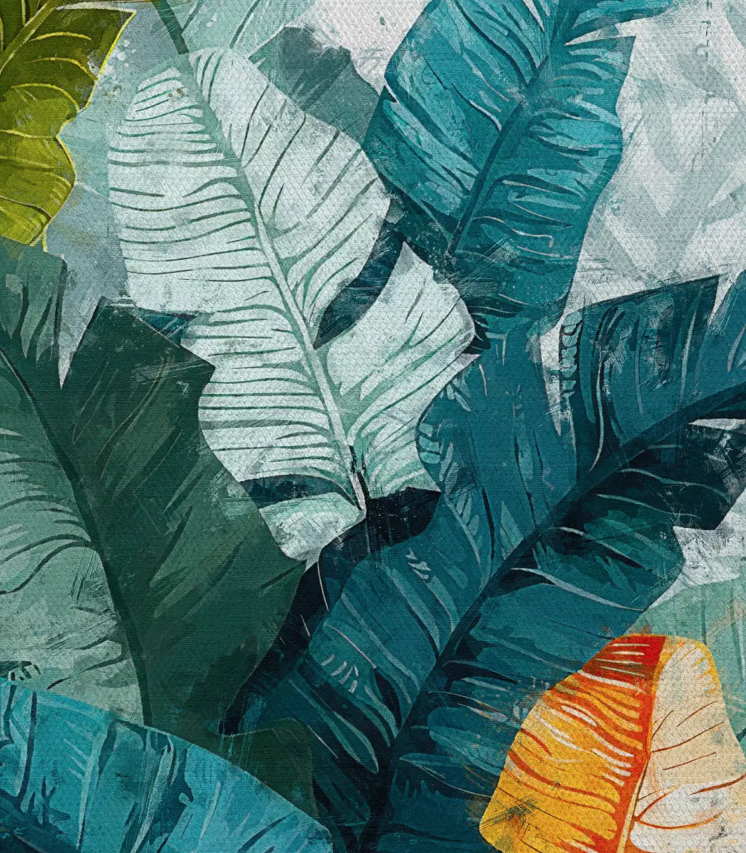 Composición hojas tropicales tonos verdes y grises cuadro arte Massinart