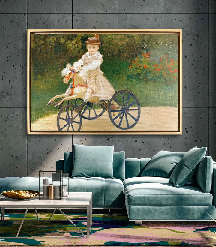Cuadro infantil vintage triciclo Monet en dormitorio decorado con tonos naturales — Massinart