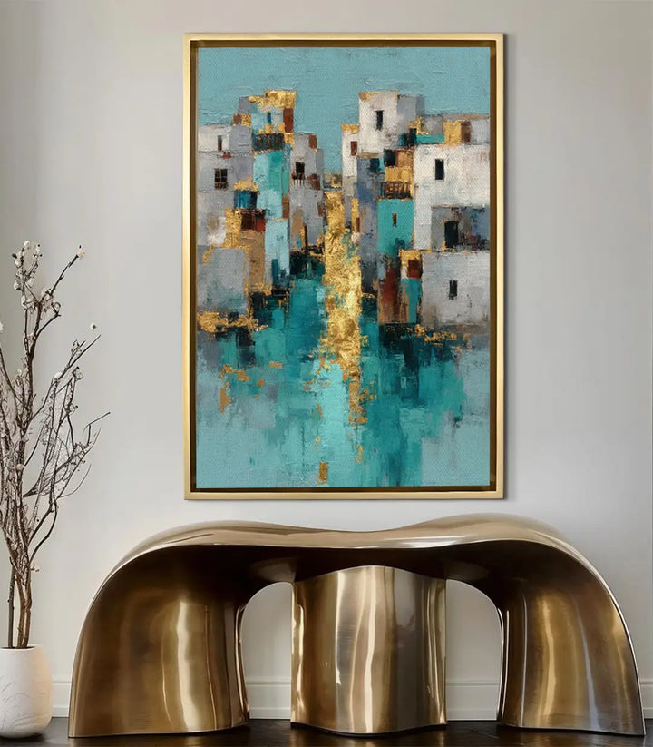 Cuadro Golden Mirage en salón moderno como decoración mural sobre sofá — Massinart