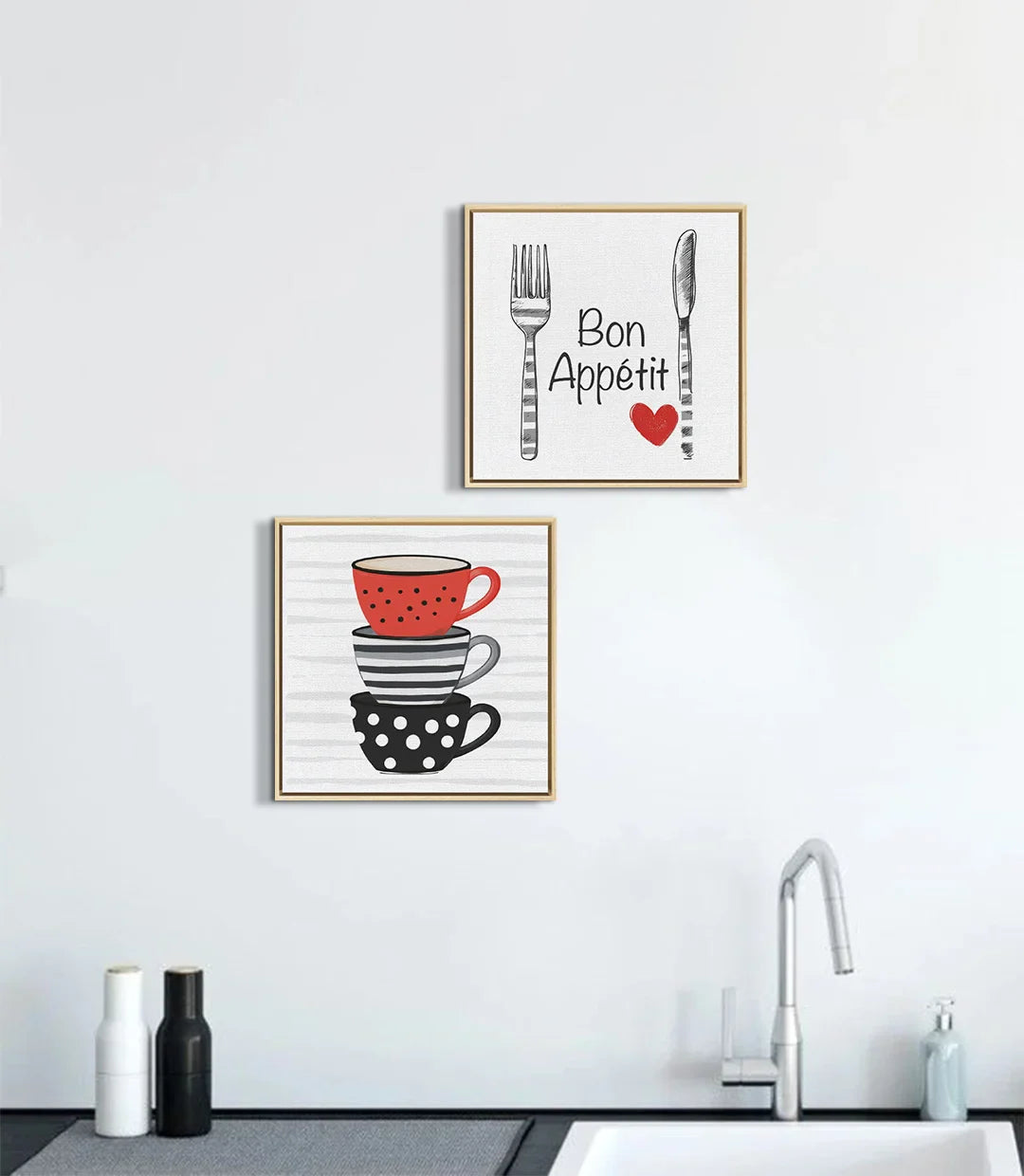 Díptico Bon Appétit, cuadro decorativo para comedor en tonos blancos y rosas