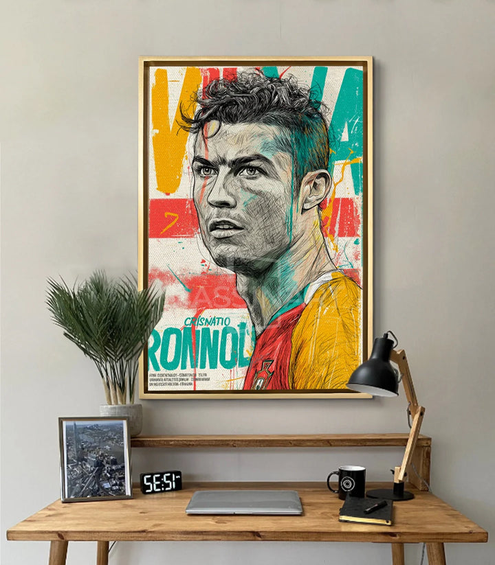Cuadro retrato Ronaldo enmarcado en negro sobre escritorio de madera en salón moderno — decoración de pared Massinart