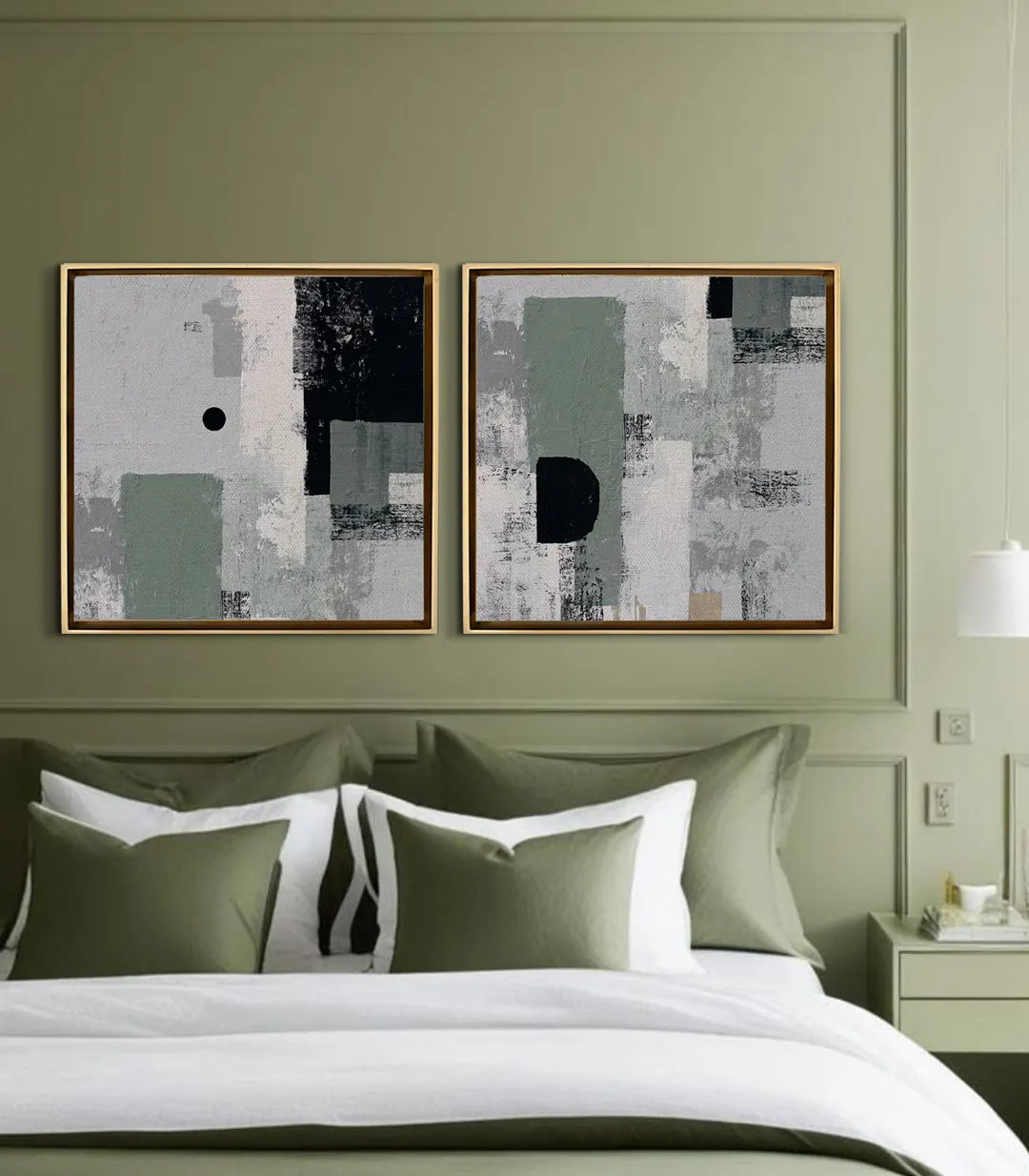 Cuadro Eclipse en dormitorio moderno con paleta verde salvia, decoración minimalista, Massinart