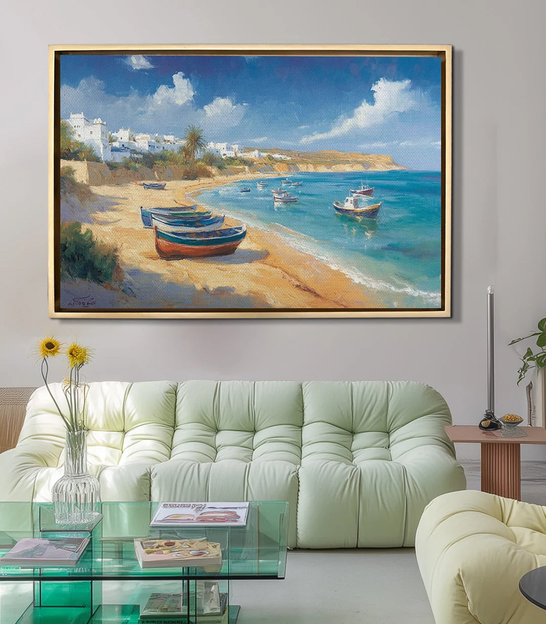 Cuadro Coastal Breeze Massinart — ambientación en salón moderno con decoración costera