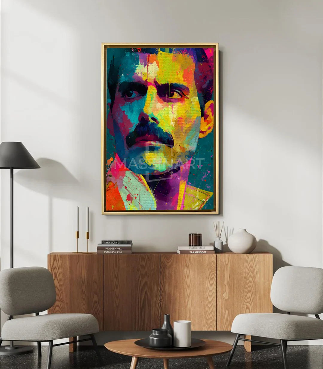 Cuadro Bold Freddie pop-art en salón moderno — pared blanca — Massinart