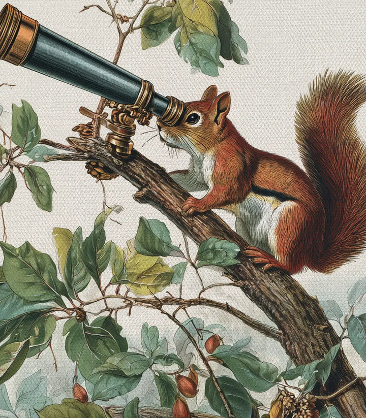 Detalle ilustración Stargazer Massinart — ardilla rojiza y telescopio vintage sobre fondo botánico