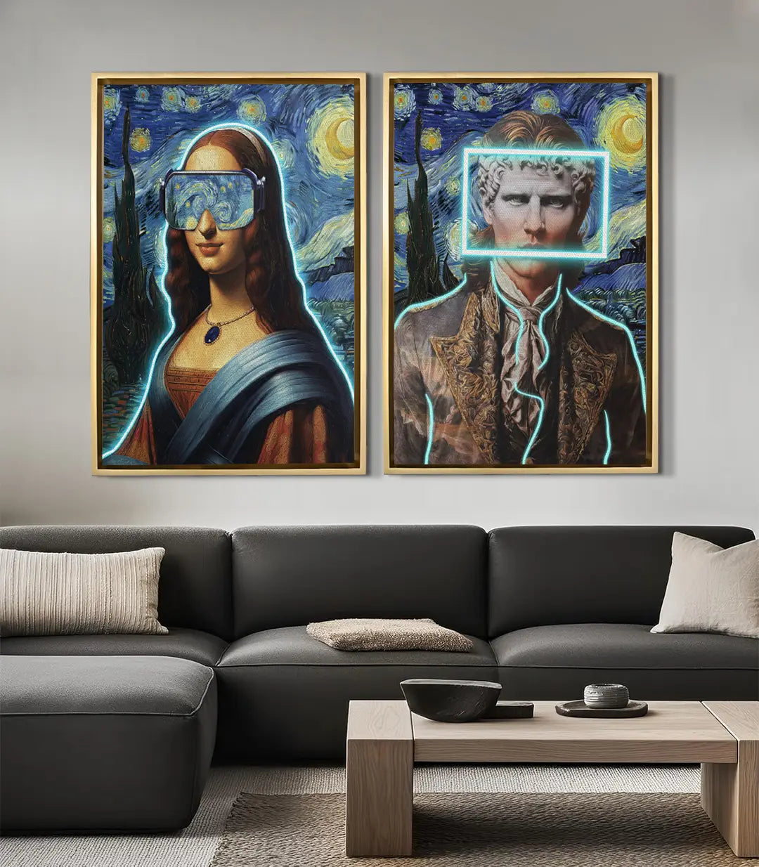 Cuadro La Gioconda Estrellada díptico, decoración salón moderno con sofá gris