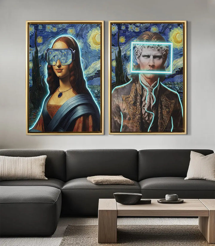 Cuadro La Gioconda Estrellada díptico, decoración salón moderno con sofá gris