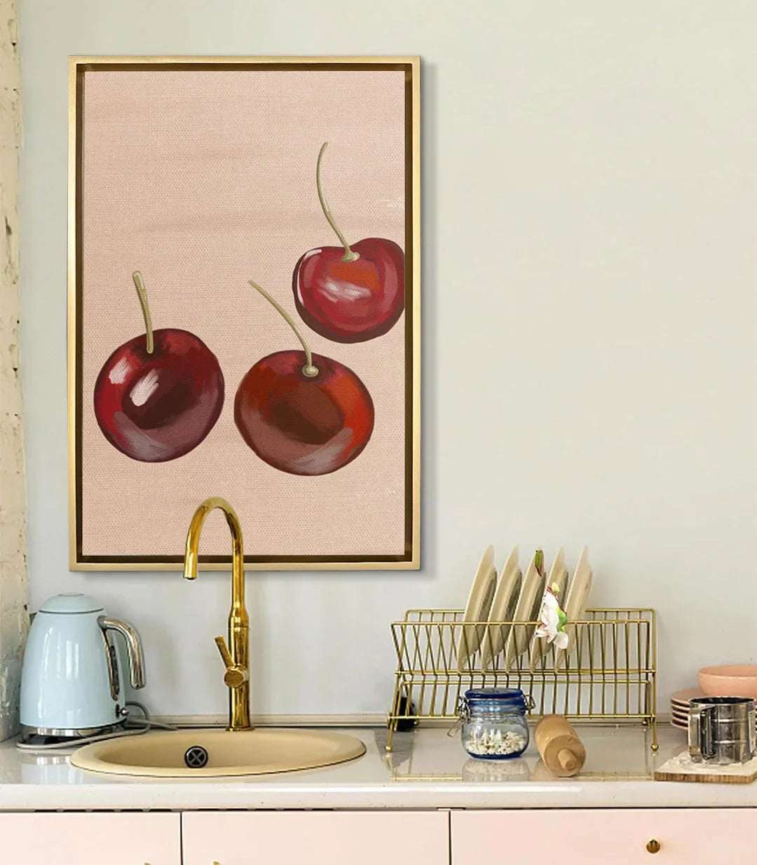 Cuadro Cherry Trio cerezas ambientado en decoración de cocina contemporánea Massinart