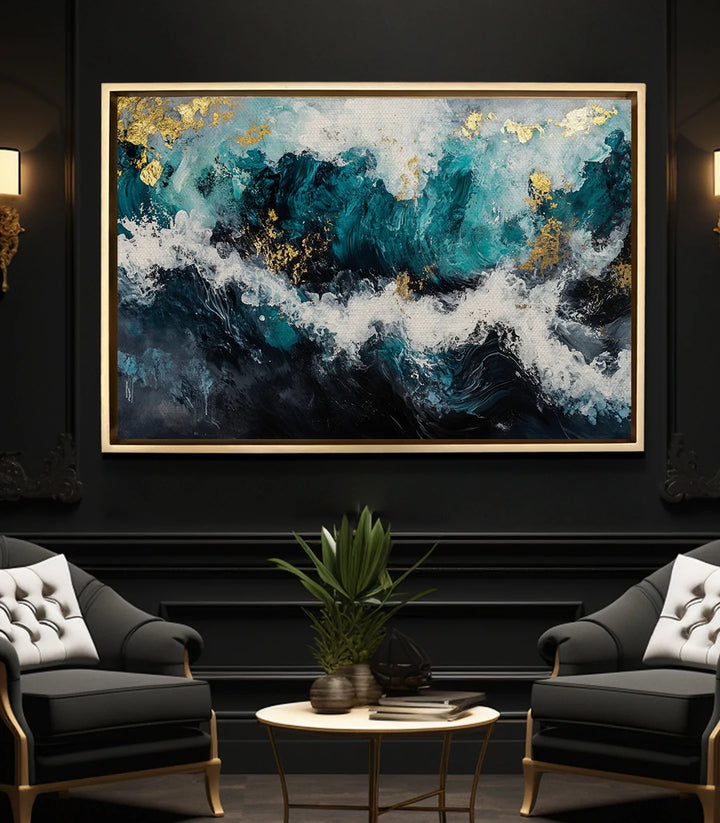 Cuadro Golden Tide en salón moderno con sofá negro decoración contemporánea Massinart