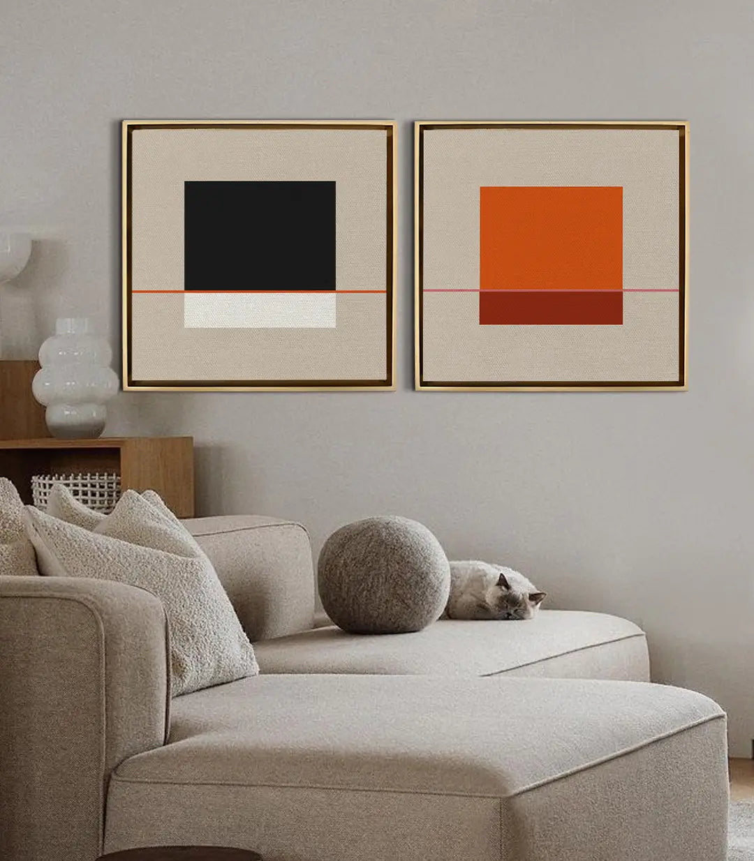 Cuadro Equilibrio Lineal panel derecho con cuadrado naranja y marrón — Massinart