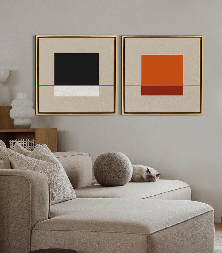 Cuadro Equilibrio Lineal panel derecho con cuadrado naranja y marrón — Massinart