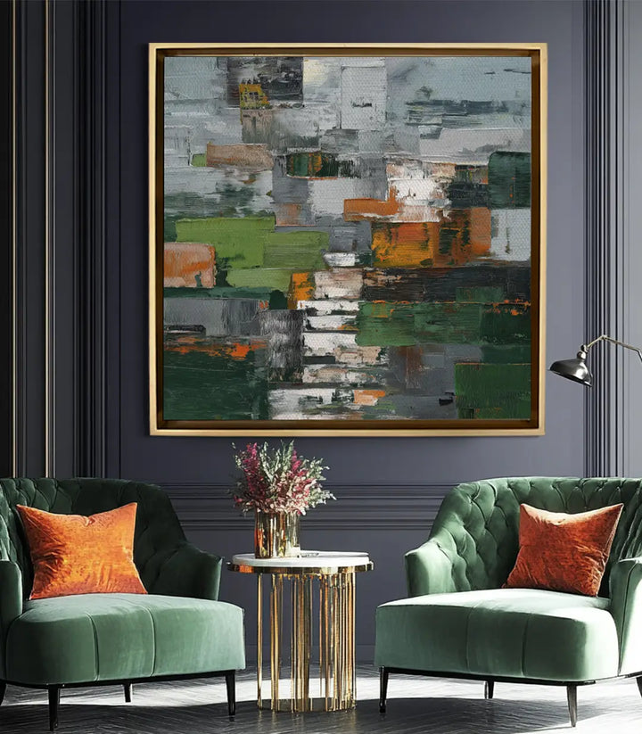 Cuadro Forest Layers en salón moderno decorado en verde y dorado — Massinart