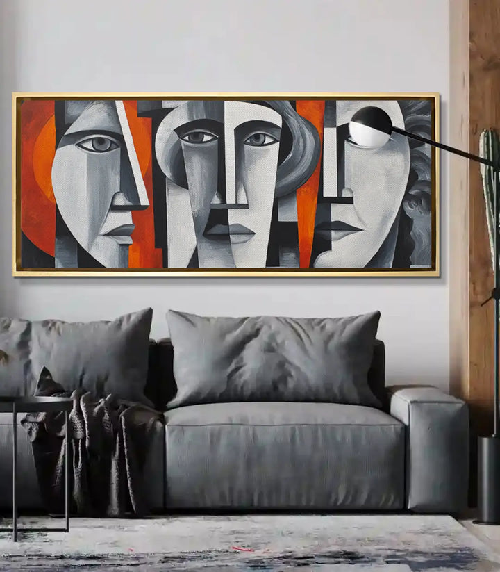 Cuadro Unspoken en salón moderno — lienzo panorámico sobre sofá gris, decoración contemporánea, Massinart