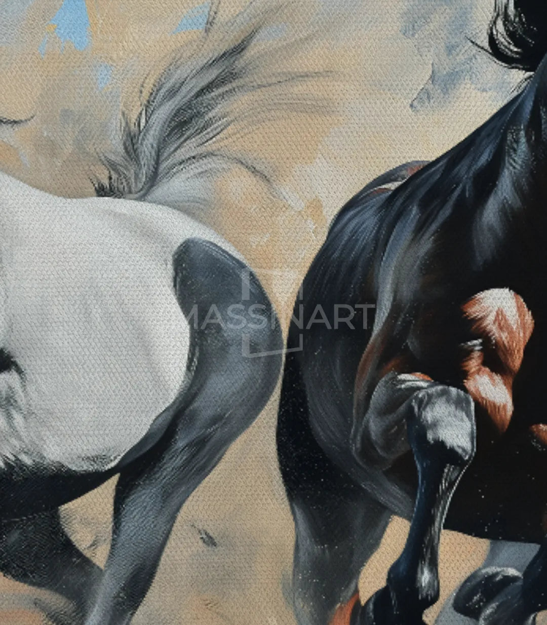 Detalle See You There — caballos expresionistas sobre fondo desierto ocre, pincelada gestual