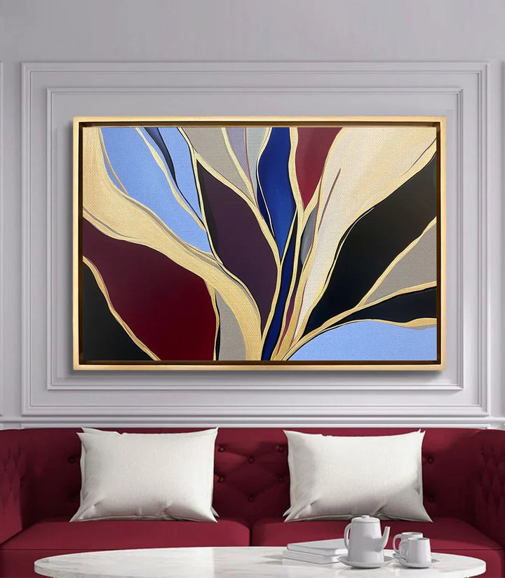 Cuadro Gildora en salón moderno con tonos burdeos y blanco — Massinart