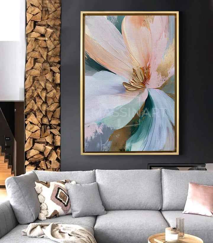 Cuadro floral Rose Breath en dormitorio contemporáneo — arte mural Massinart