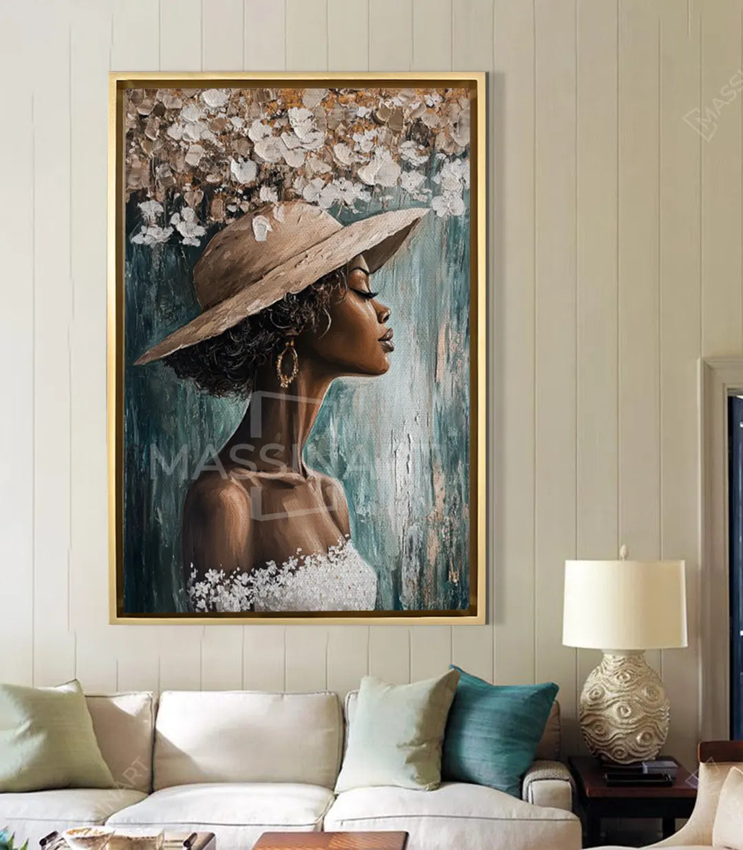 Gentle Bloom – detalle de pinceladas y paleta de blanco, azul y terracota dorado