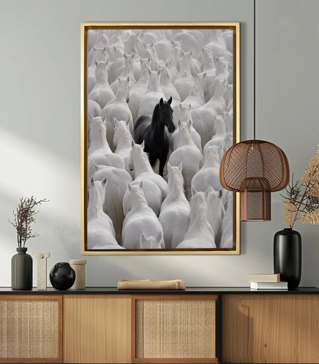 Cuadro Contraste en salón moderno — lienzo caballo blanco y negro colgado en pared gris con mobiliario de madera natural