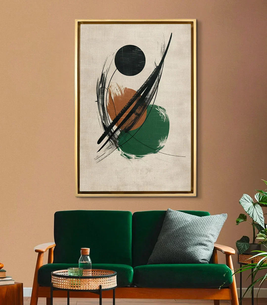 Salón moderno con cuadro abstracto minimalista Silent Motion sobre sofá verde — decoración contemporánea — Massinart