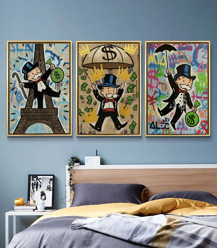Cuadro Money Dreams panel central — Hombre con lluvia de dinero estilo pop-art urbano Massinart