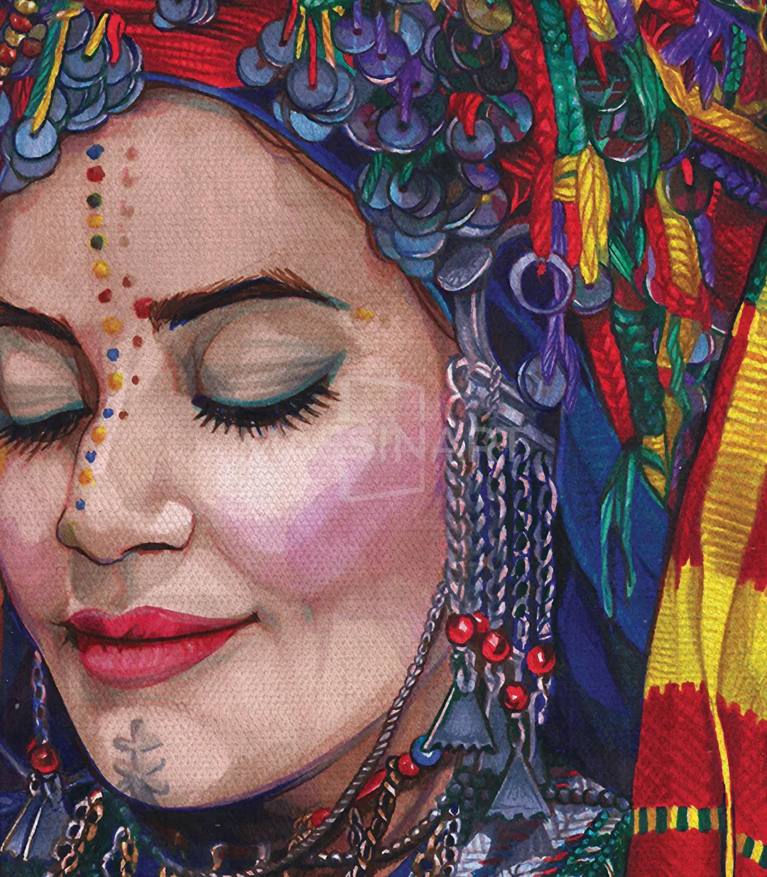 Salón decorado con cuadro figurativo retrato mujer bereber — Massinart
