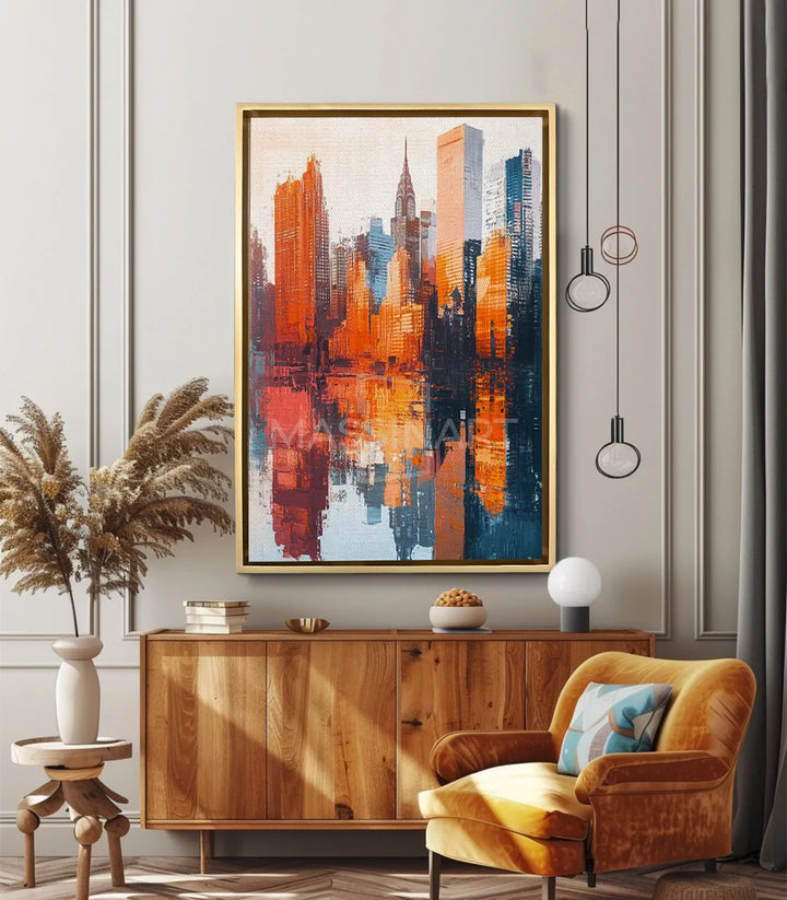 Cuadro paisaje urbano sobre consola de madera en salón moderno