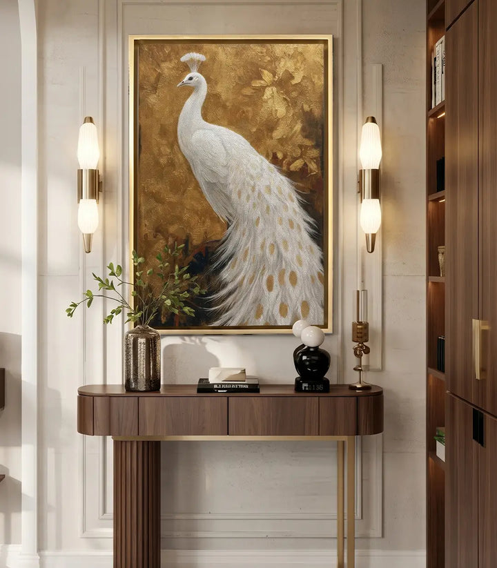 Cuadro Royal White — pavo real blanco con detalles dorados, estilo minimalista, decoración salón