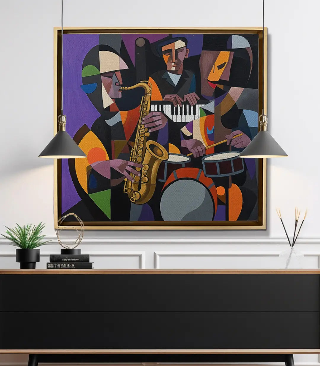 Cuadro Cubist Groove en salón moderno — decoración mural cuadrada sobre aparador negro, arte abstracto jazz Massinart