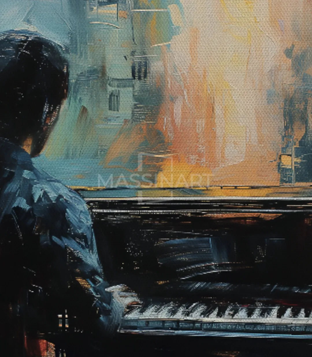 Cuadro The Pianist integrado en un interior de diseño, armonía cromática azul y naranja