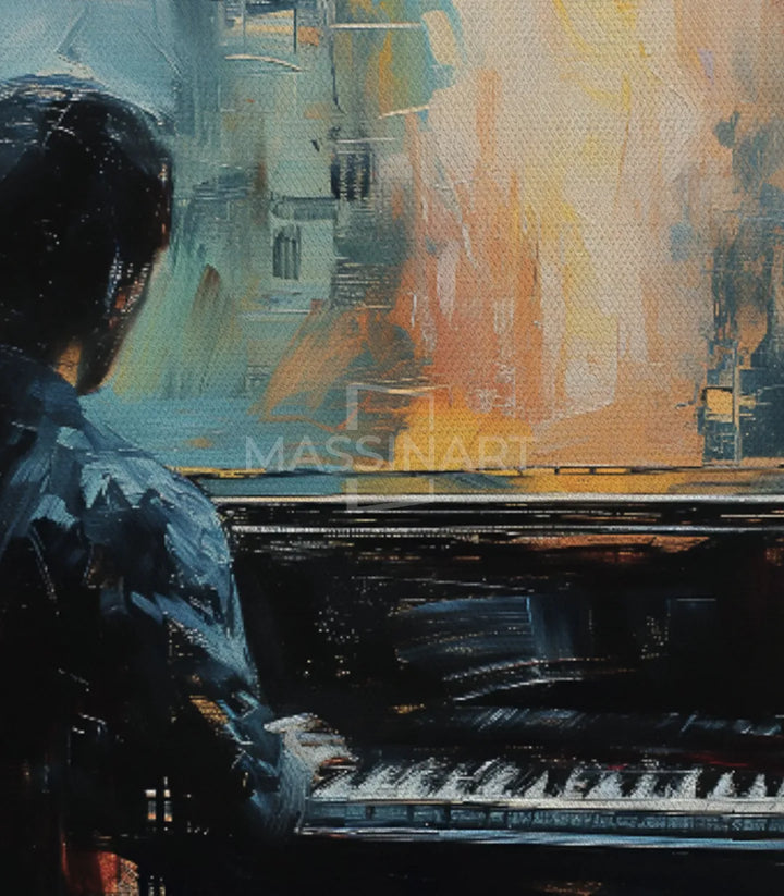 Cuadro The Pianist integrado en un interior de diseño, armonía cromática azul y naranja