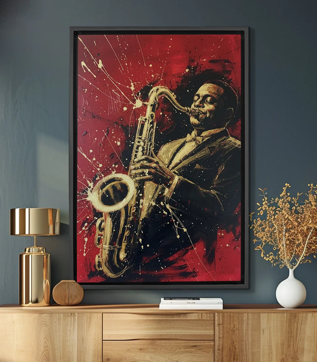 Cuadro saxofonista Jazz Flame expresionista en rojo y oro — Massinart