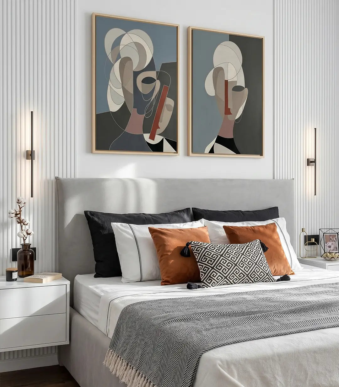 Díptico cubista con retrato femenino abstracto en tonos grises y neutros, decoración salón moderno