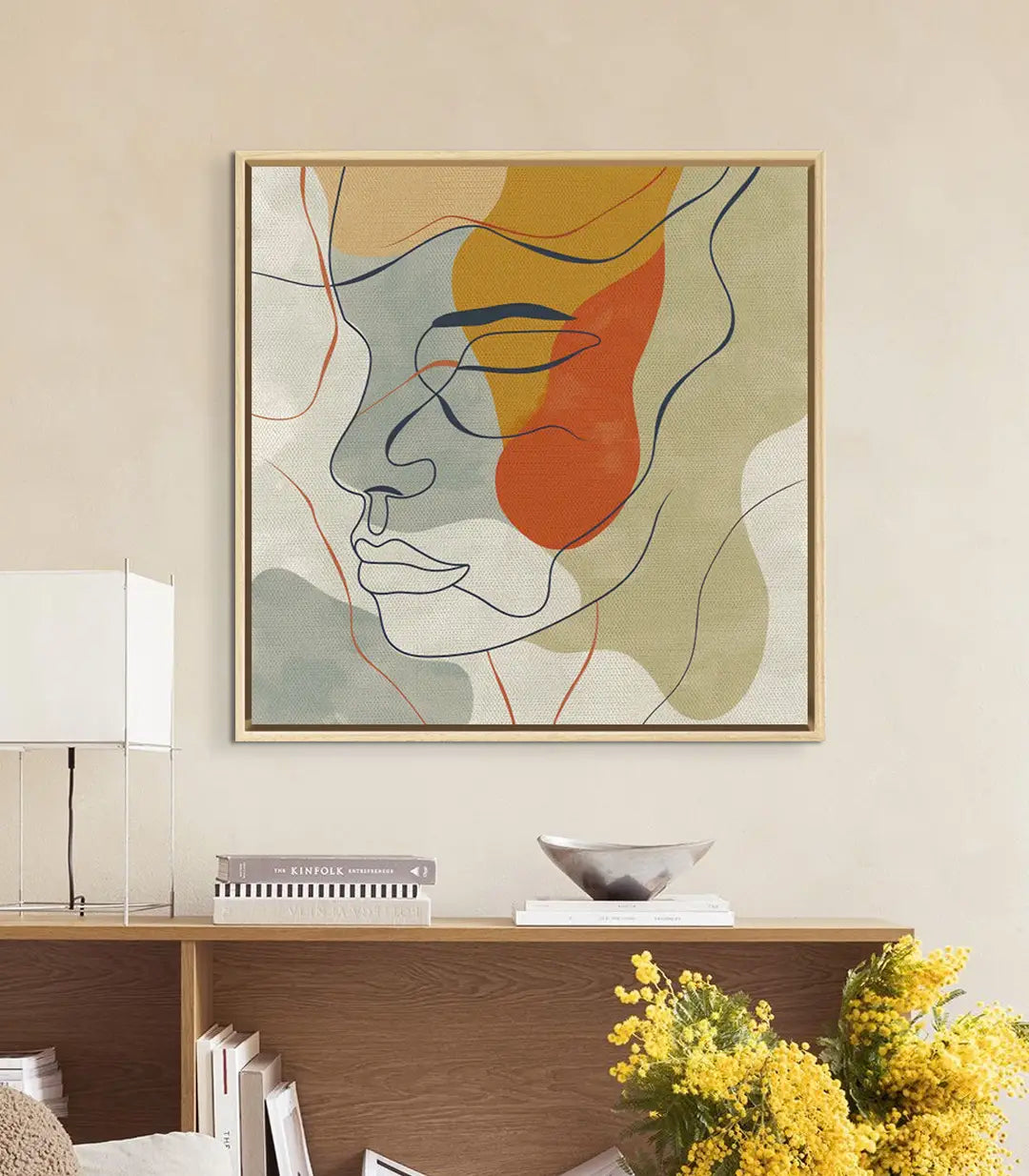 Detalle de Face in Lines — técnica de línea continua sobre lienzo canvas Massinart