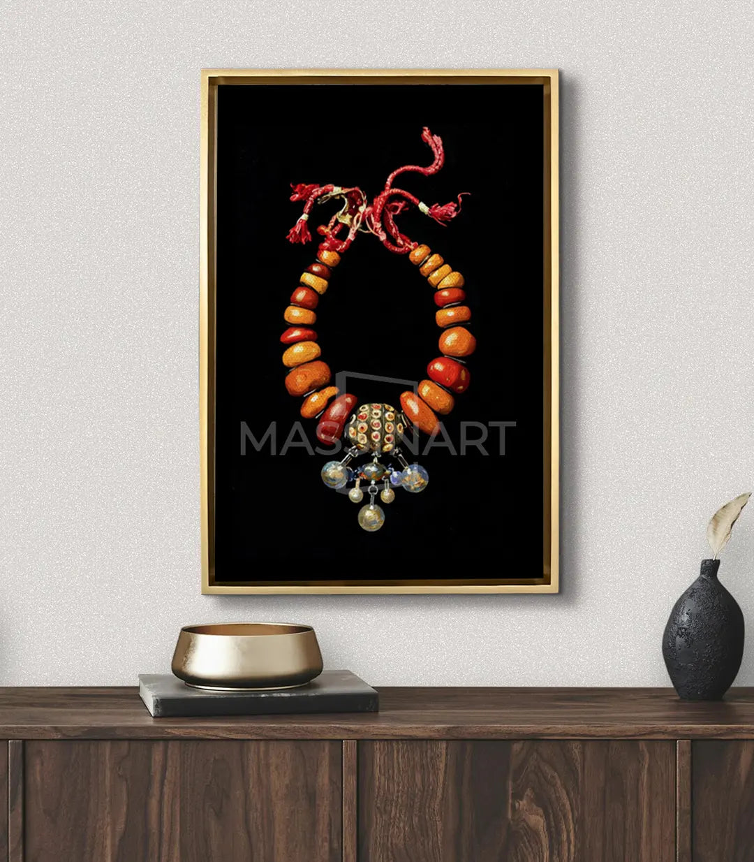 Decoración de pasillo con cuadro vertical Amazigh Jewel en negro y dorado, Massinart