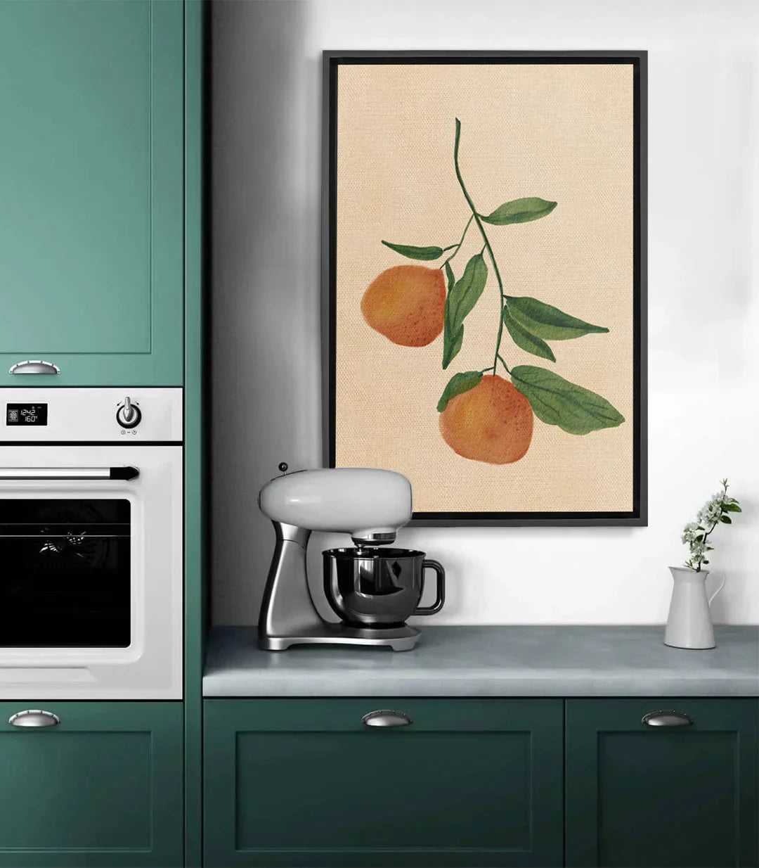 Cuadro Orange Embrace — dos cítricos anaranjados con follaje verde sobre fondo beige, Massinart
