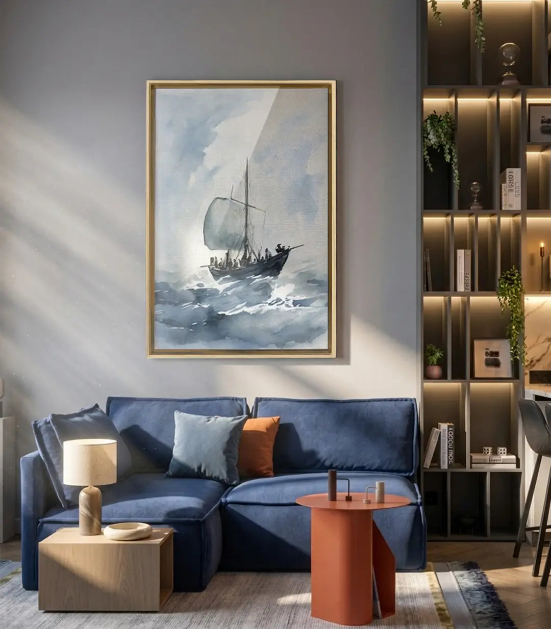 Cuadro Gale Voyage en salón moderno decoración pared azul Massinart