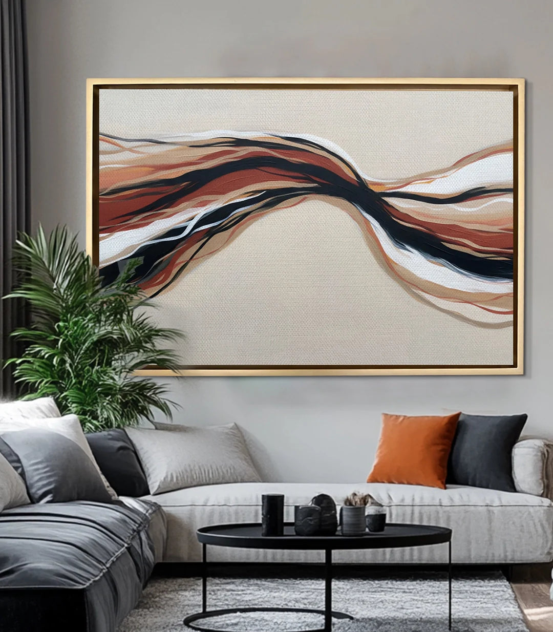Cuadro Earth Tides sobre sofá gris en salón moderno — decoración mural abstracta Massinart