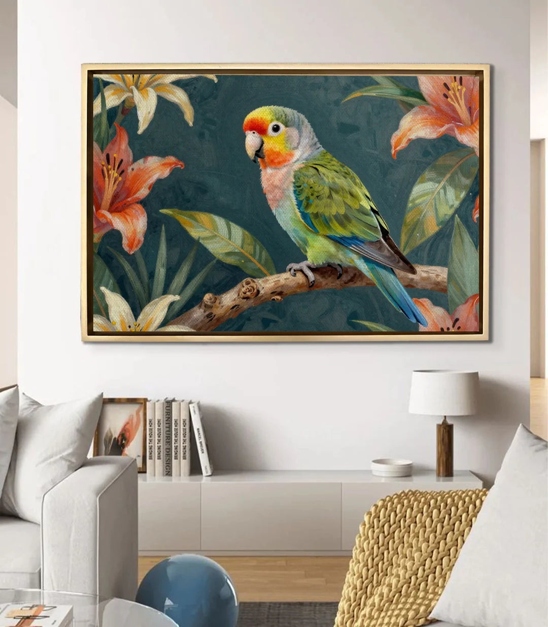 Cuadro Parrot Bloom en salón moderno — decoración mural con loro tropical Massinart