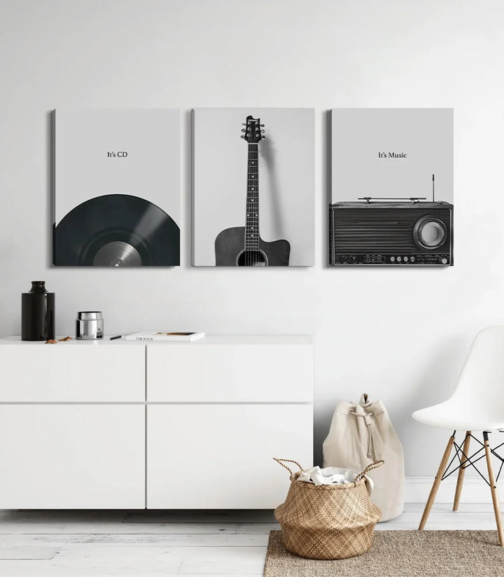 Cuadro Tune and Time música en blanco y negro — disco de vinilo, guitarra acústica y radio vintage, arte mural minimalista Massinart