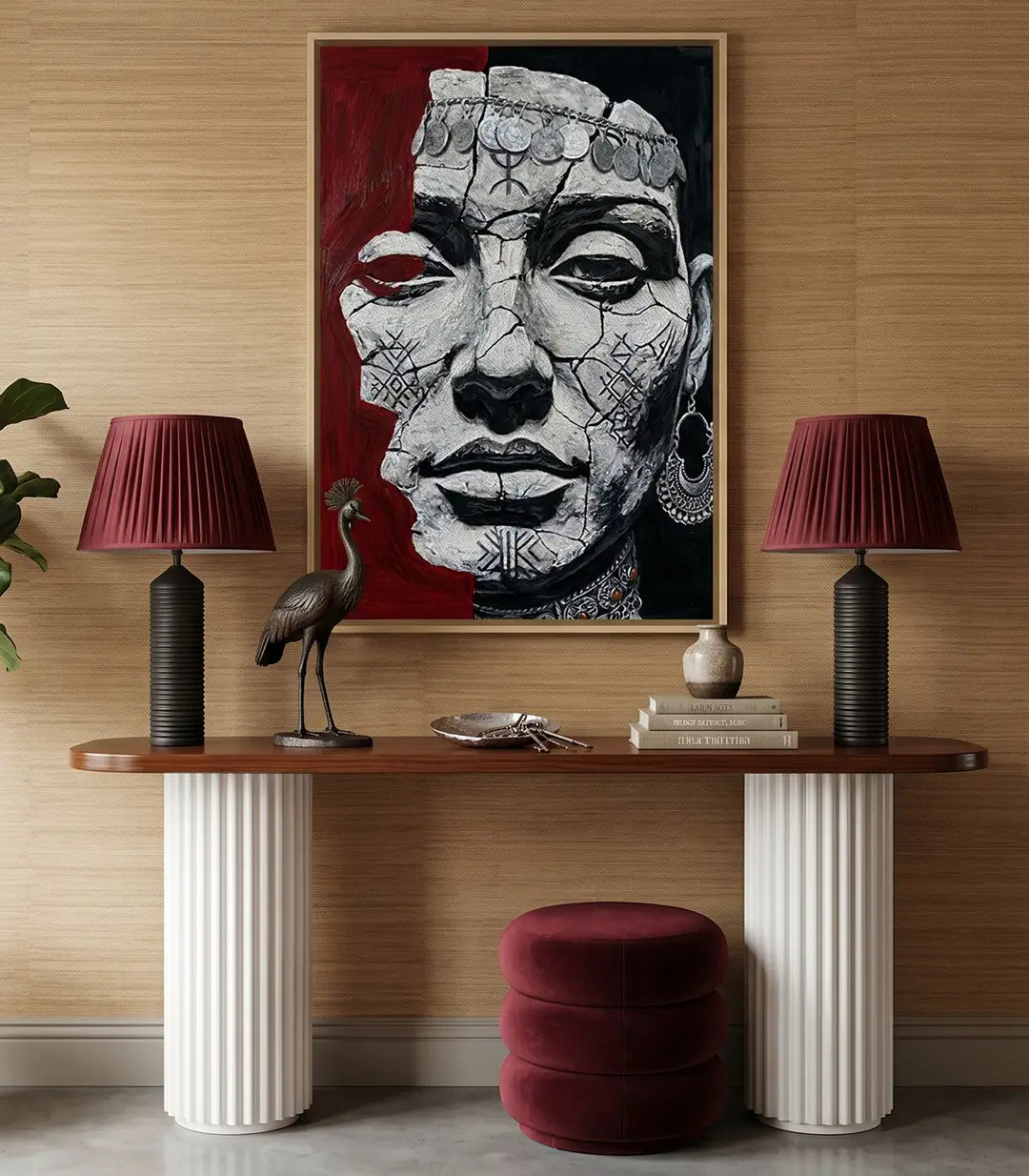 Cuadro decorativo Ancestral Soul, retrato femenino amazigh con textura de piedra agrietada, joyas tradicionales y tatuajes simbólicos sobre fondo rojo y negro