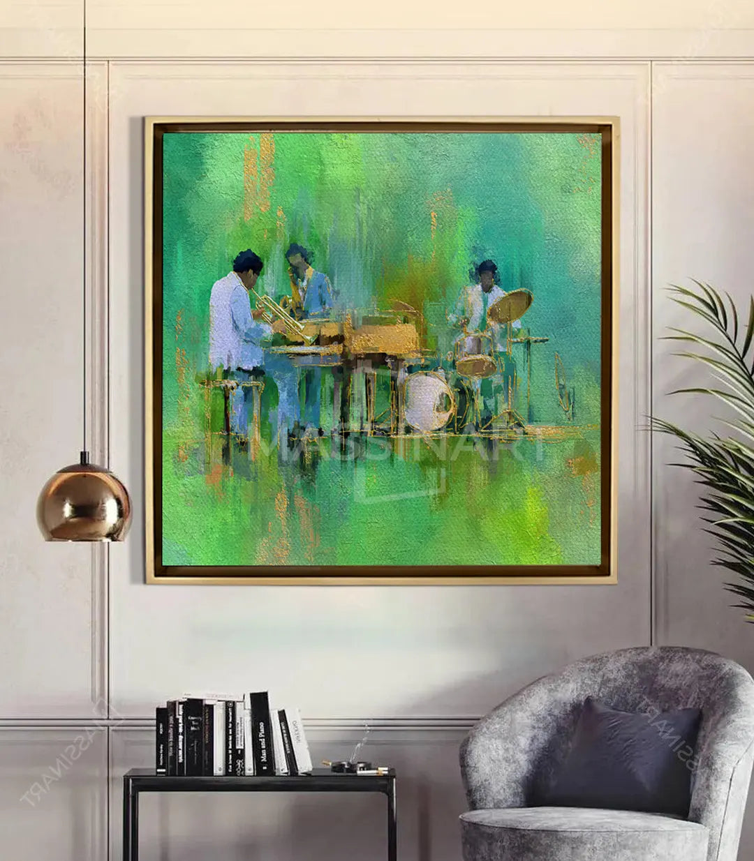 Green Jazz – detalle de pinceladas energéticas en verde y oro sobre lienzo