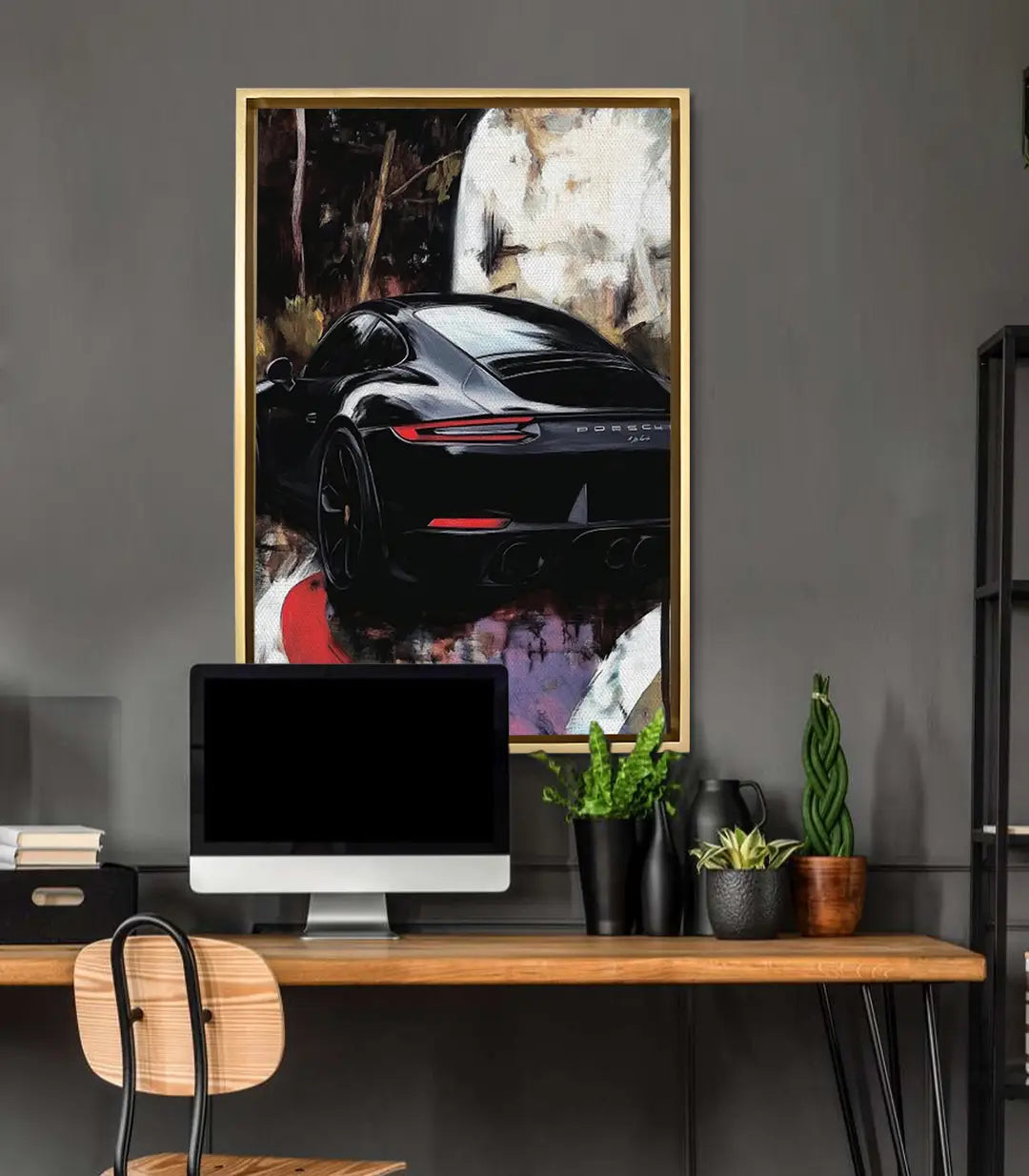 Cuadro Porsche en despacho moderno con pared gris, decoración mural de lujo — Massinart