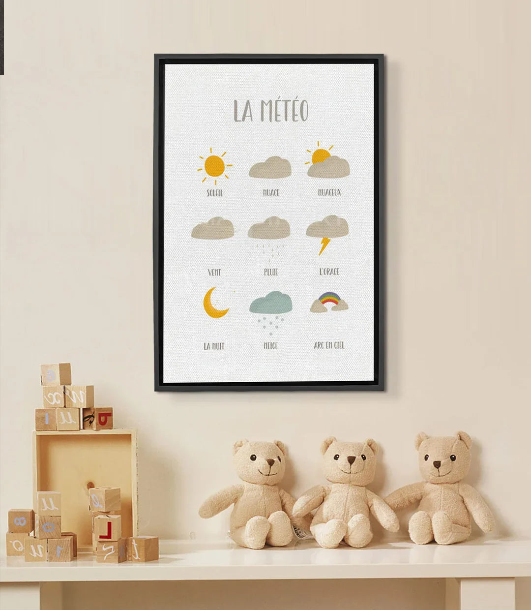 Cuadro El Tiempo Massinart — lámina educativa infantil con símbolos meteorológicos sol nube lluvia estilo minimalista