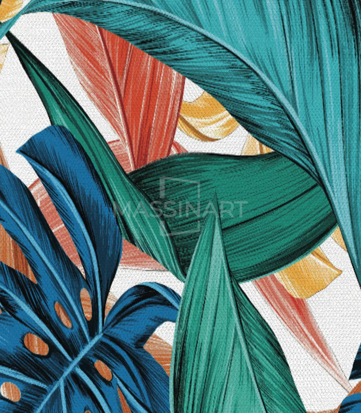 Cuadro Oxygen Massinart — zoom hojas de monstera en dorado y turquesa