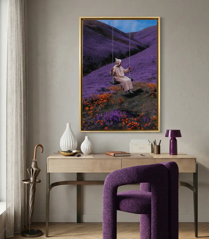 Cuadro digital abstracto de campo de lavanda con tonos malvas y violetas, estilo contemporáneo