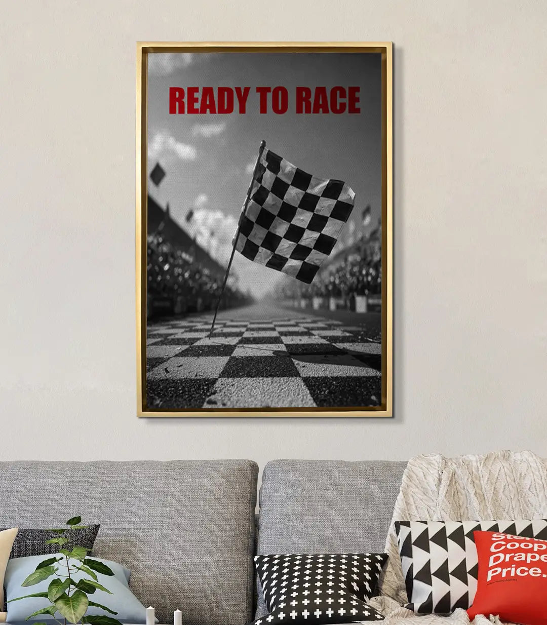 Cuadro Ready To Race en salón gris — decoración mural de motivación automovilística Massinart