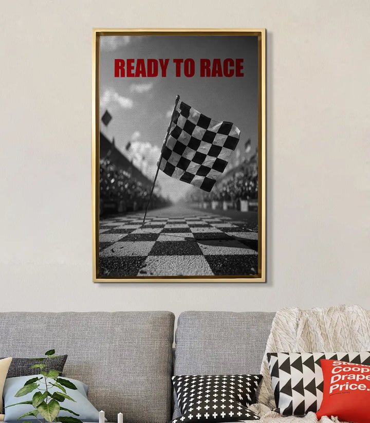 Cuadro Ready To Race en salón gris — decoración mural de motivación automovilística Massinart
